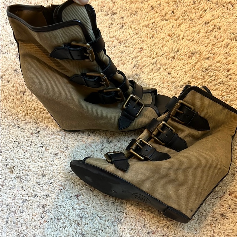 Tan and Black Wedge Ankle Boots with High Heel and Straps